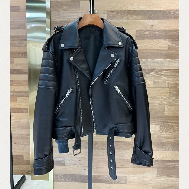 Black Friday Sales Natural Leather Women Lambskin Leather Jacket Long Sleeves 100% Sheepskin Leather Coat - Deanwangkt