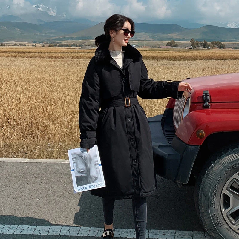 Christmas Gift Deanwangkt winter new cotton clothes women's middle and long knee over Korean loose cotton jacket tooling Plush windbreaker - Deanwangkt