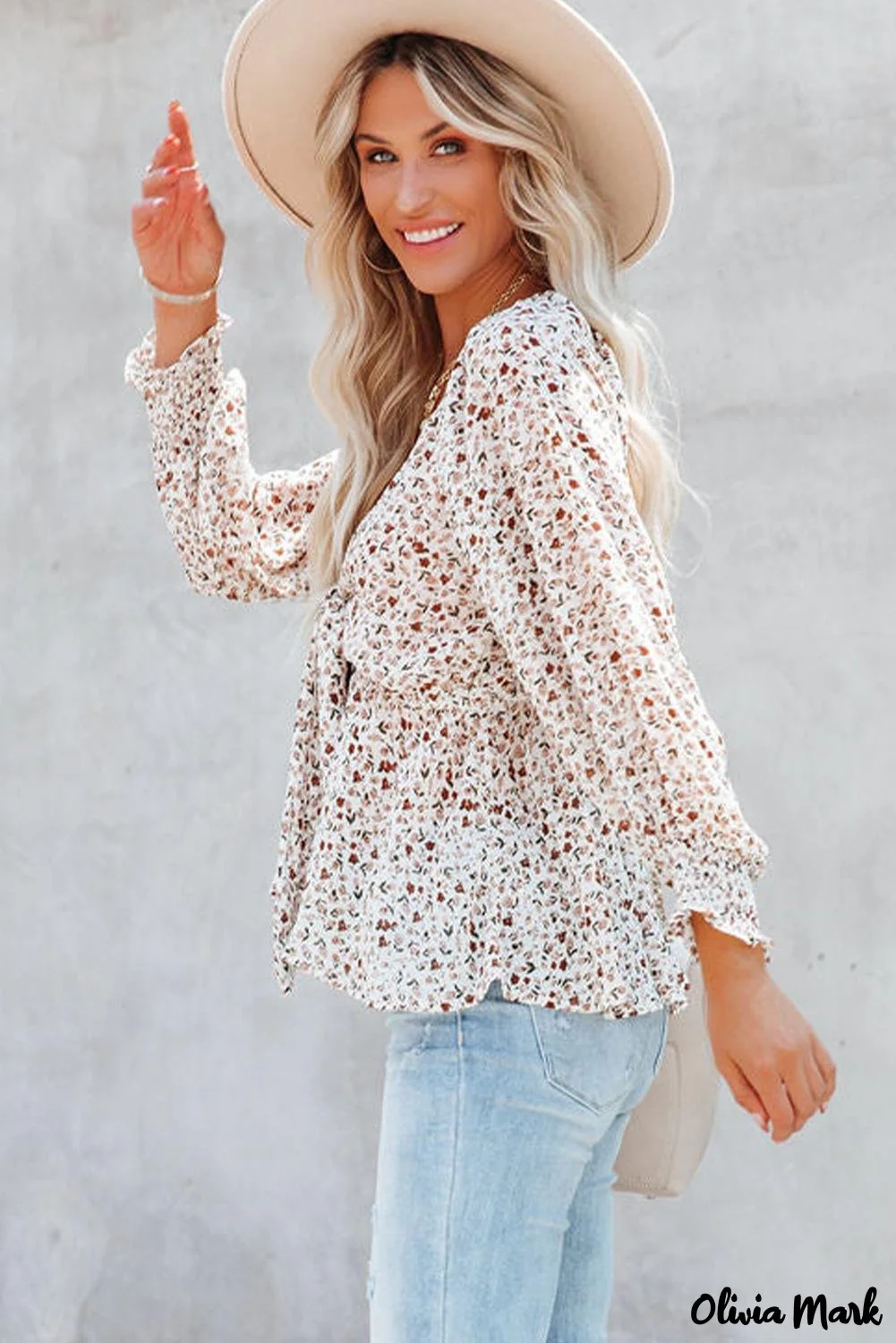 Deanwangkt - Brown Floral Ruffle Long Sleeve Blouse - Deanwangkt