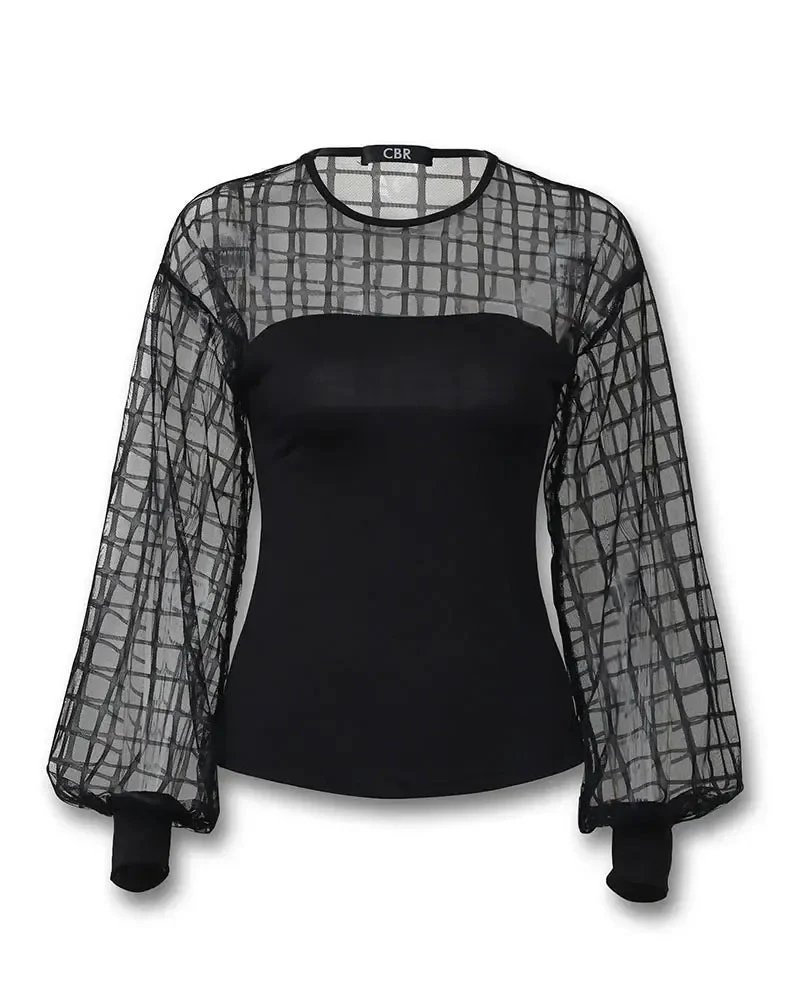 Deanwangkt - Checked Lantern Sleeve Sheer Mesh Top - Deanwangkt