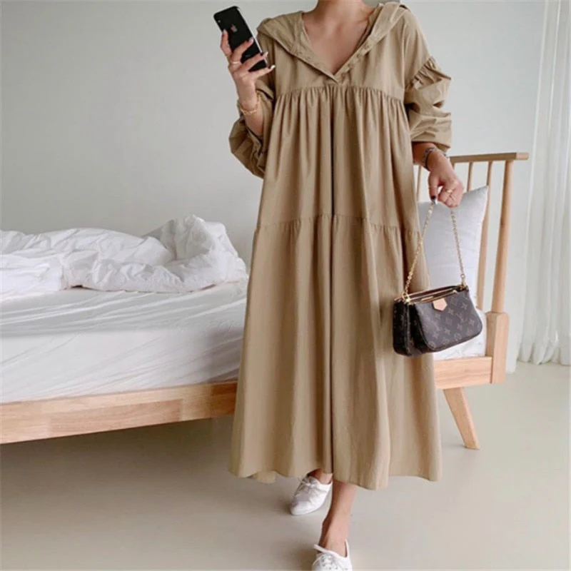 Christmas Gift Deanwangkt early spring simple solid cascading pleated hoodies down solid long dress simple classic retro temreprament dress Deanwangkt new - Deanwangkt