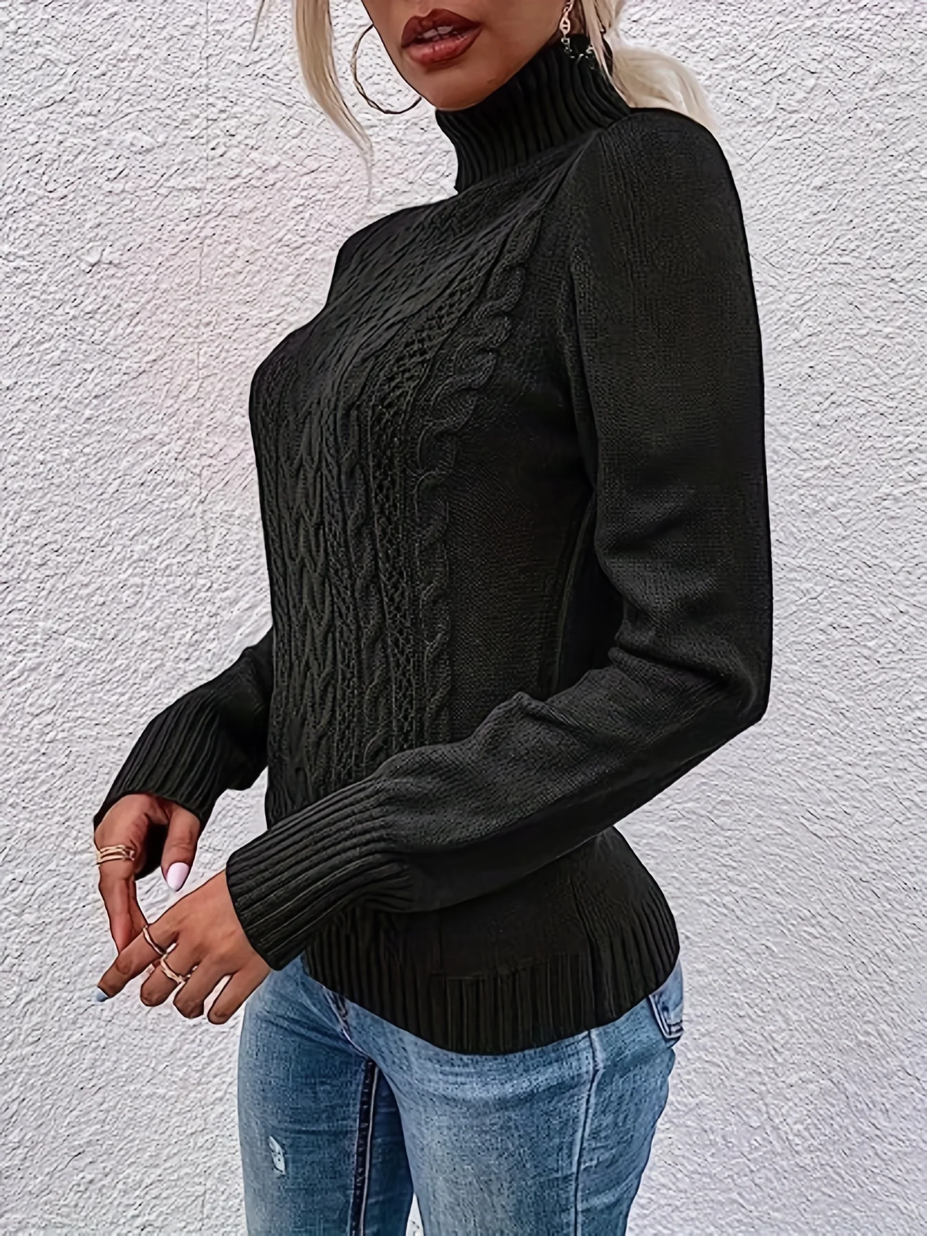 deanwangkt-1  Cable Turtleneck Loose Sweater, Casual Long Sleeve Fall Winter Knit Sweater, Women's Clothing - Deanwangkt