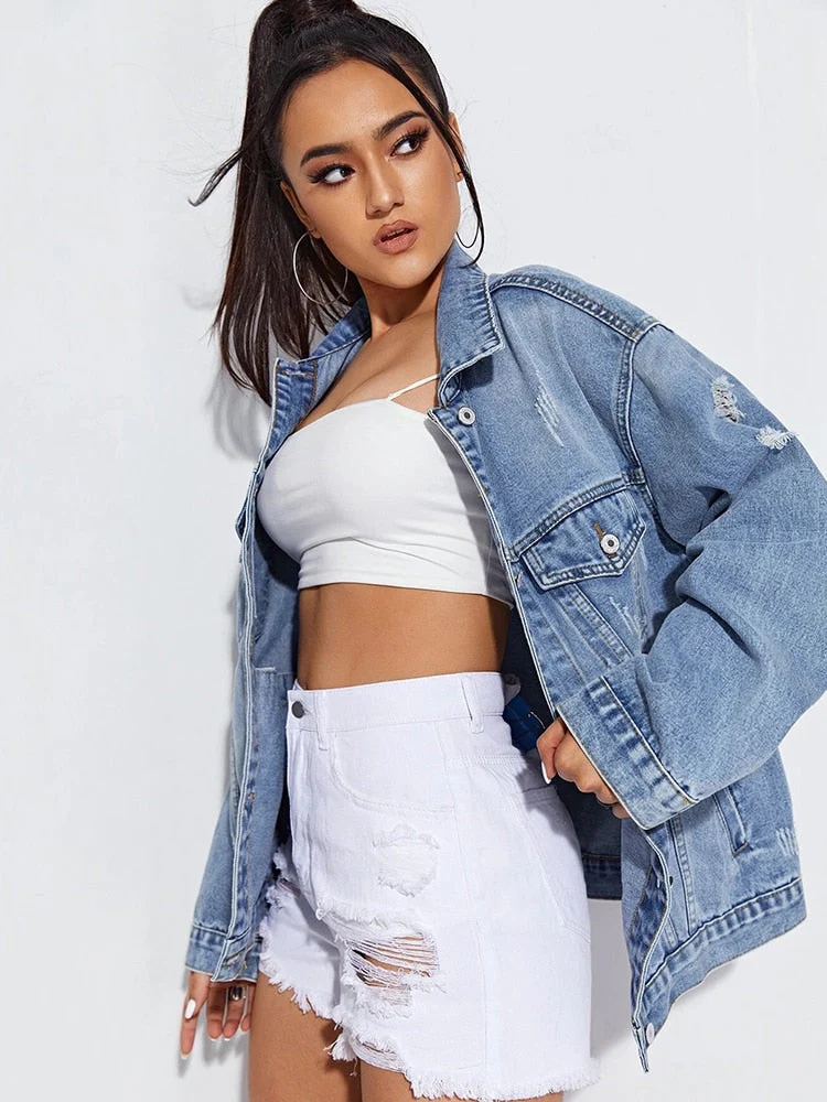 Black Friday Sales New Spring Women High Street Hole Denim Jacket Retro Female Frayed Blue Washed Coat Tops Ladies Outwear - Deanwangkt