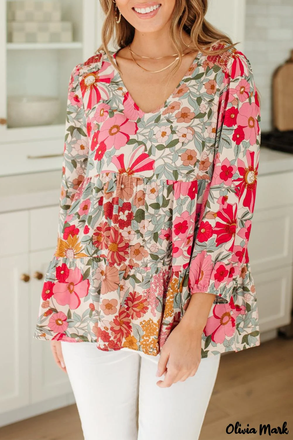 Deanwangkt - Floral Print Ruched Babydoll V-Neck Blouse - Deanwangkt
