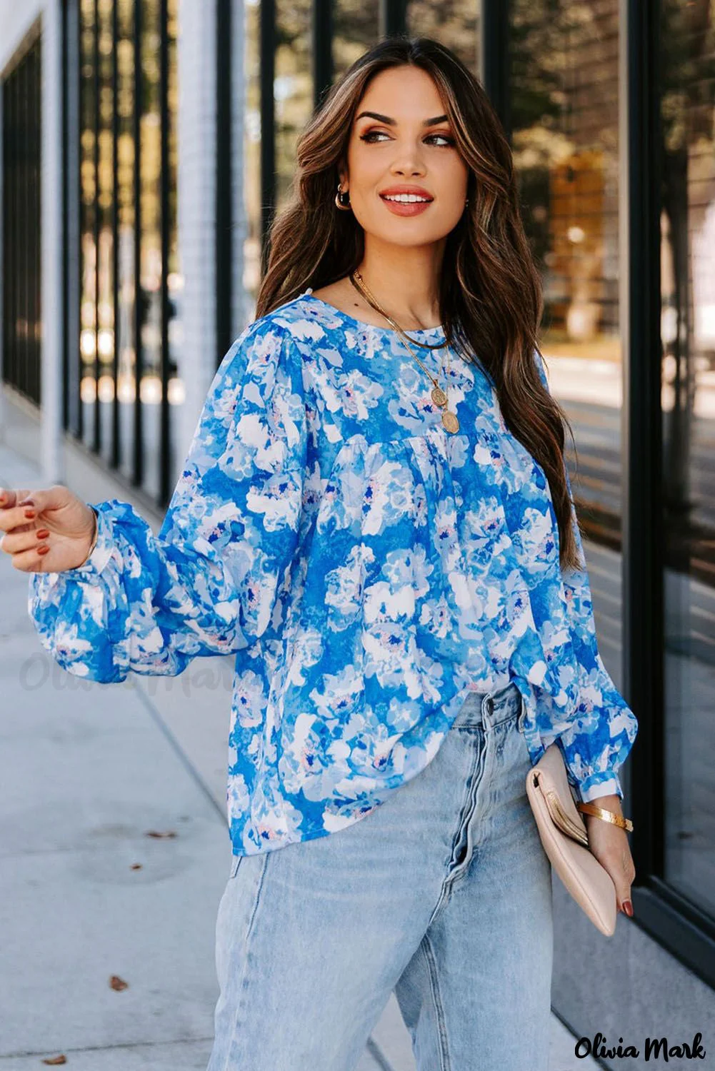 Deanwangkt - Baby Blue Floral Print Puff Sleeve Blouse - Deanwangkt