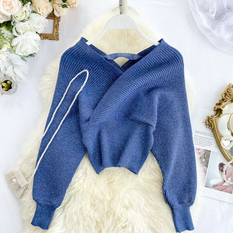 Christmas Gift 220 New Sexy V-neck Fashion Bright Silk Sweater Women's Autumn Bat Sleeves Short Waist Bottoming Shirt Winter Clothes Women - Deanwangkt