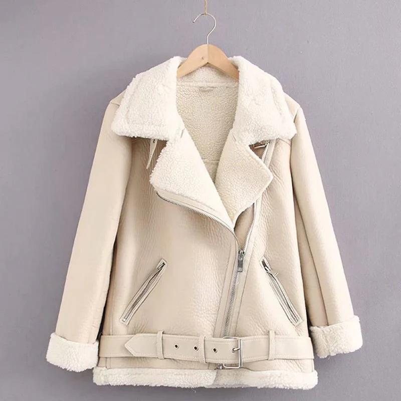 Black Friday Sales Women Winter Warm Thick Windproof Motorcycle Coat With Belt Brown Suede Jacket Faux Lamb Leather Jacket Outwear - Deanwangkt