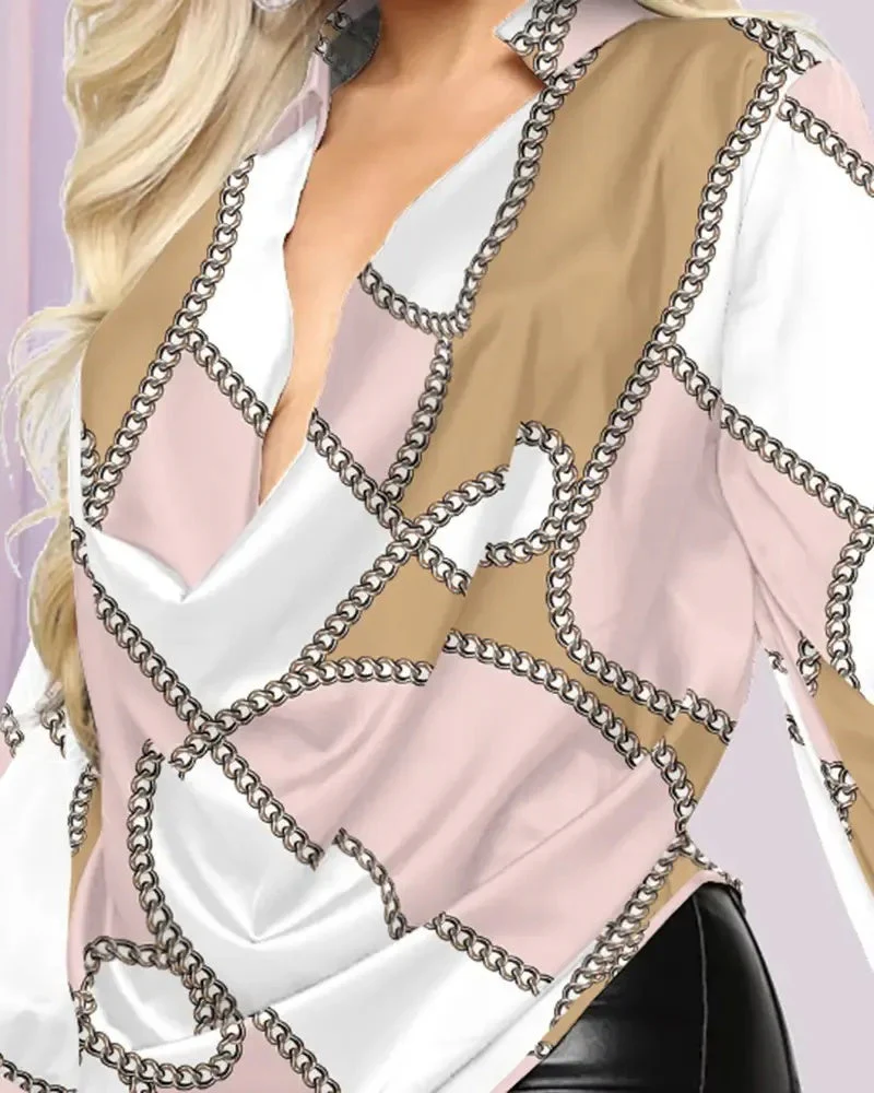 Deanwangkt - Chain Scarf Print Cowl Neck Long Sleeve Top - Deanwangkt