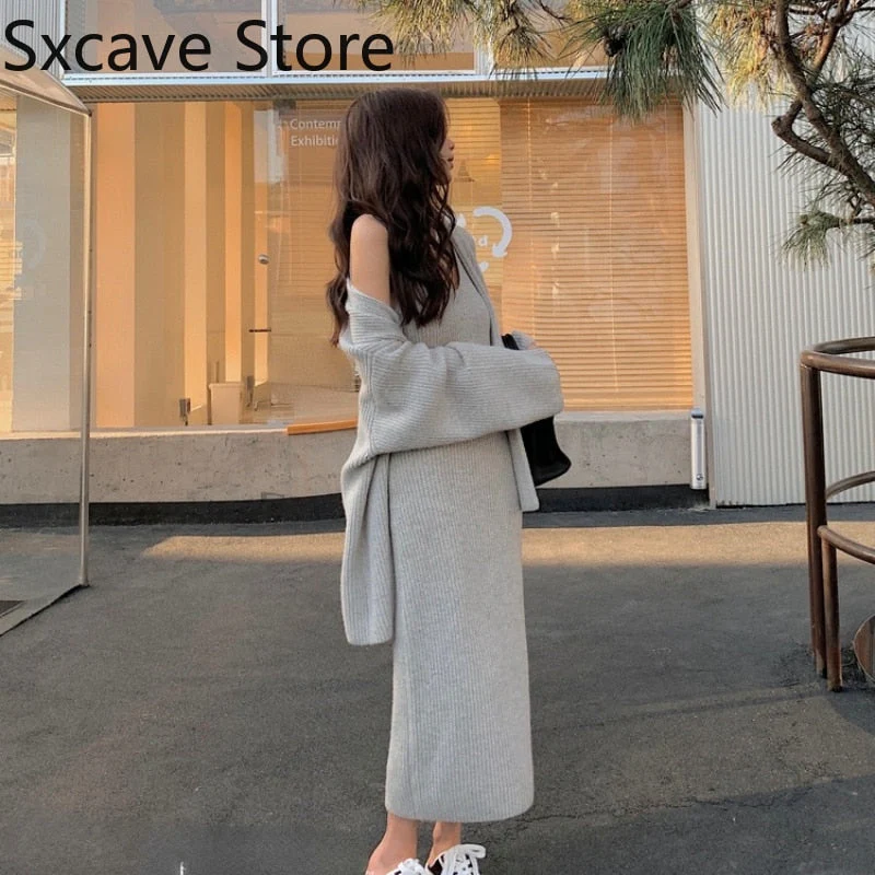 Christmas Gift 2 Piece Dress Set Women Casual Knitted Suits Korean Fashion Slim Pure Collor Sweater Dress Sets Party Autumn Cardigan - Deanwangkt