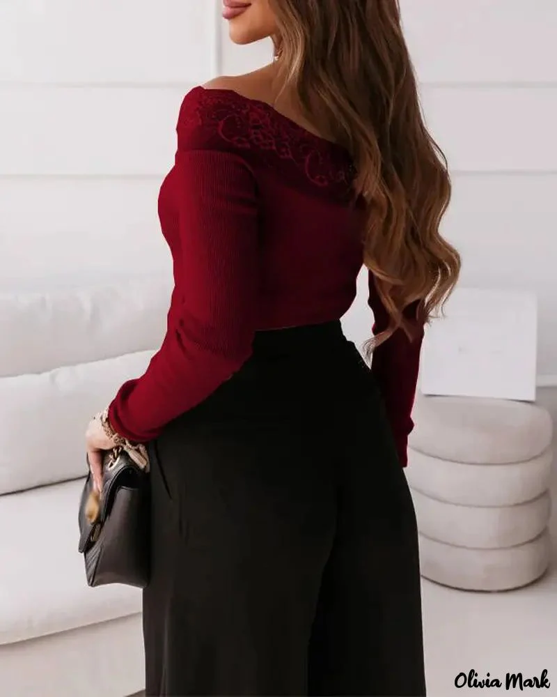 Deanwangkt - Contrast Lace Off-the-Shoulder Long Sleeve Top - Deanwangkt