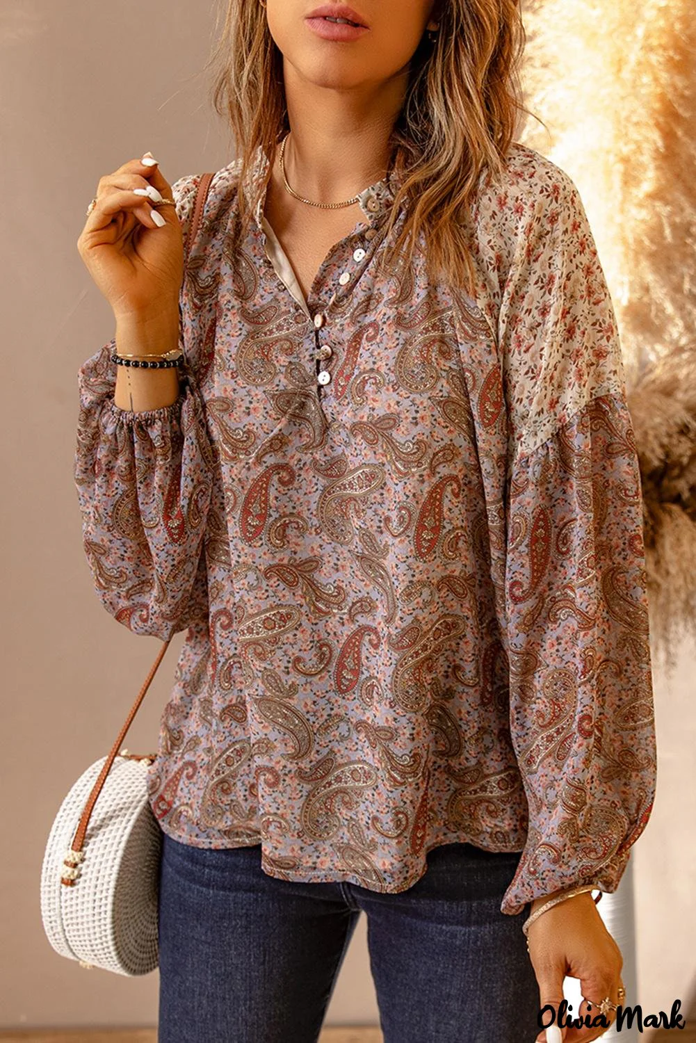 Deanwangkt - Brown Paisley Floral Patch Long Sleeve Blouse - Deanwangkt