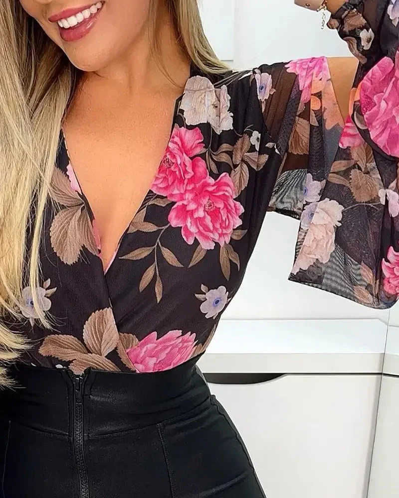 Deanwangkt - Floral Print Sheer Mesh Slit Sleeve Bodysuit - Deanwangkt