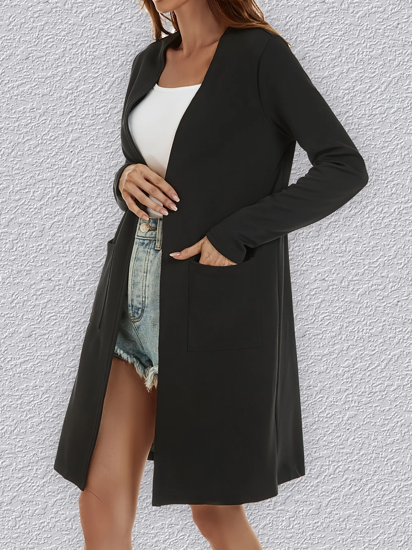 deanwangkt-1  Solid Open Front Jacket, Casual Simple Mid Length Long Sleeve Outerwear With Pocket, Women's Clothing - Deanwangkt