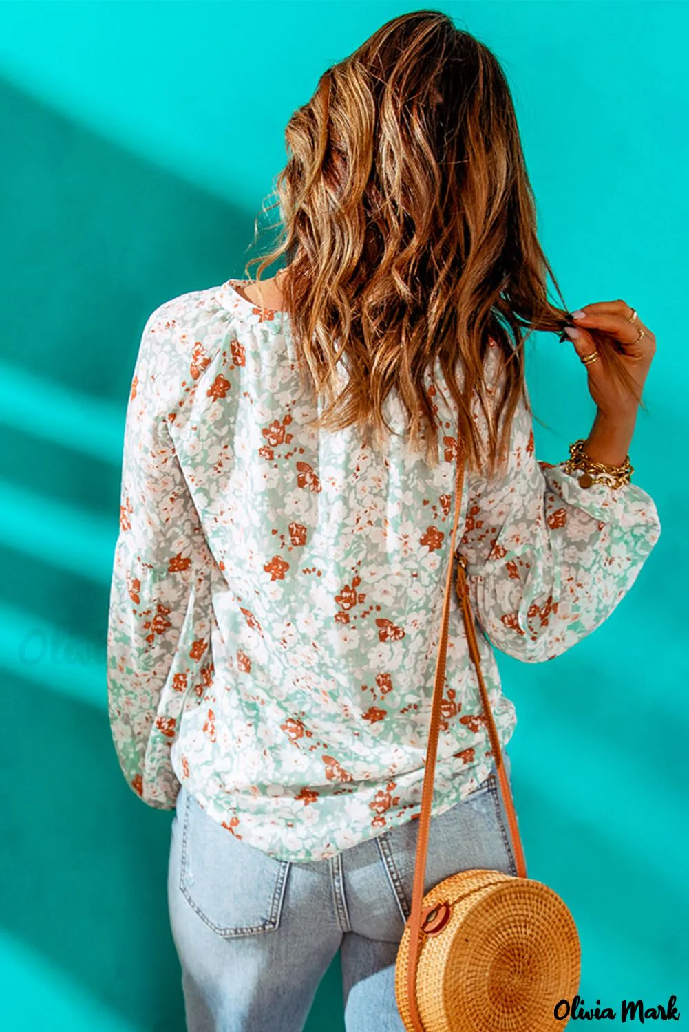 Deanwangkt - Blue Floral Split V-Neck Blouse - Deanwangkt