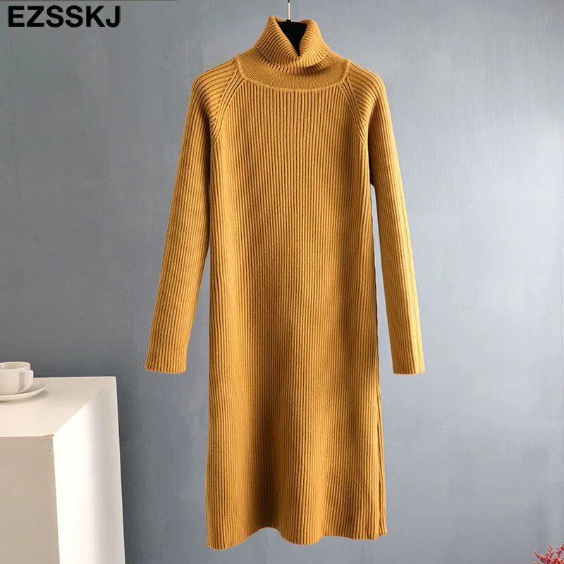 Christmas Gift Deanwangkt Autumn Winter long thick Sweater Dress Women turtleneck long Sleeve straight maix Dress female girl warm long dress - Deanwangkt
