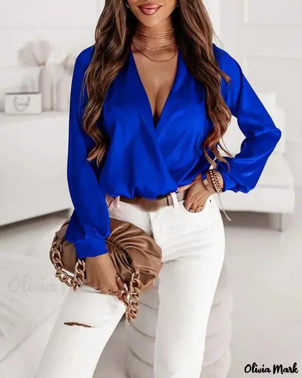 Deanwangkt - Womens Plain Long Sleeve Wrap Blouse - Deanwangkt