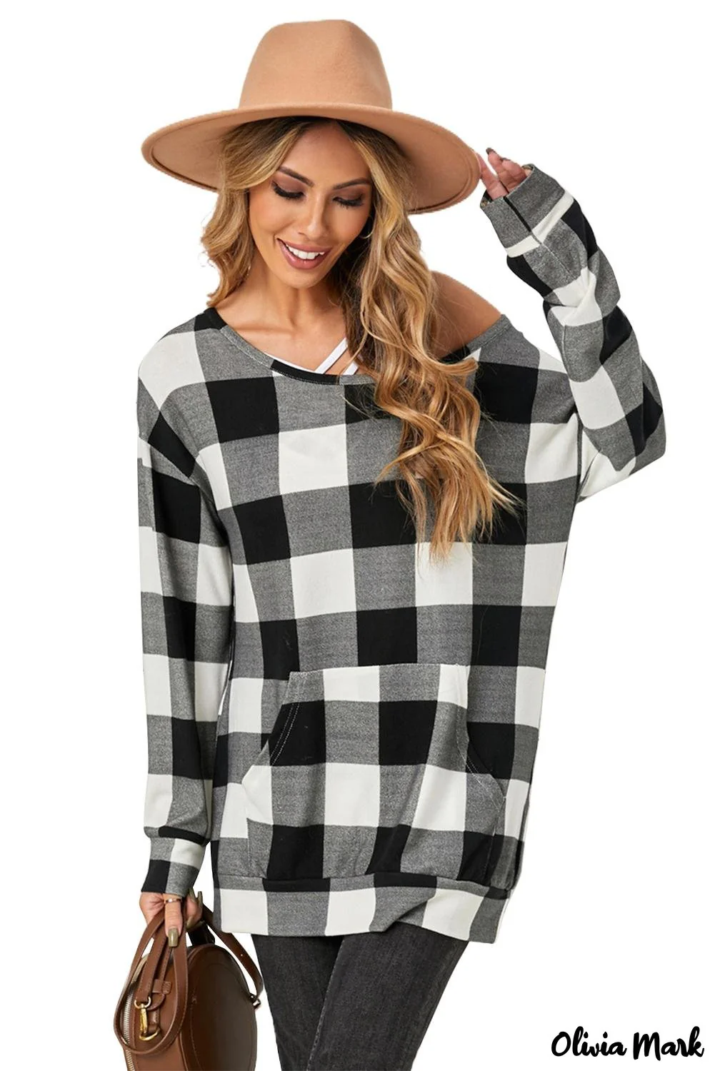 Deanwangkt - Plaid Kangaroo Pocket Long Sleeve Blouse - Deanwangkt