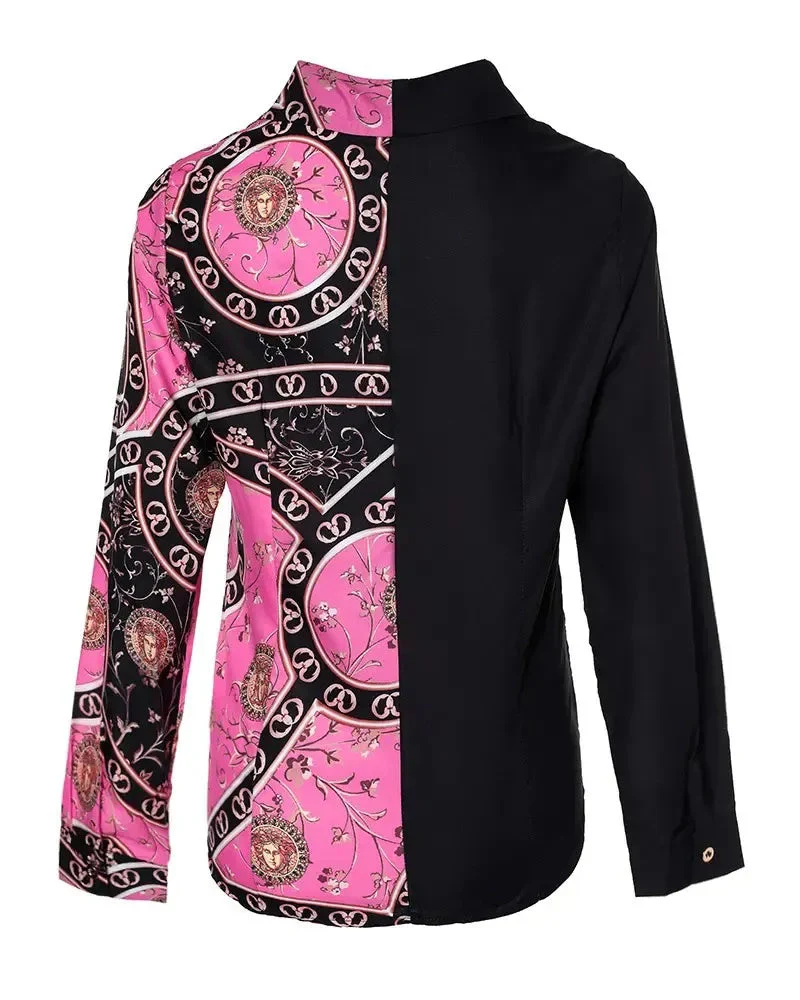 Deanwangkt - Scarf Print Color Block Long Sleeve Button Up Top - Deanwangkt