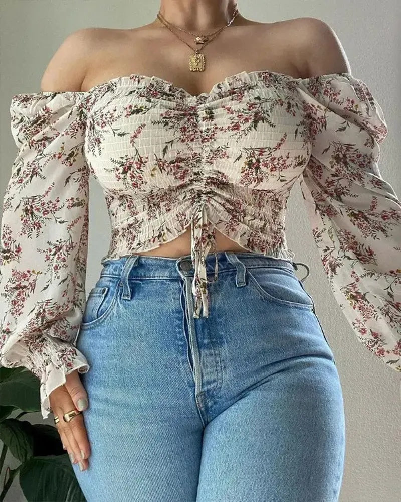 Deanwangkt - Floral Print Drawstring Off Shoulder Cropped Top - Deanwangkt