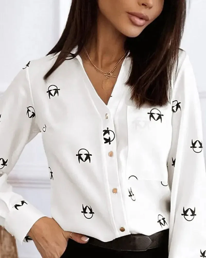 Deanwangkt - Graphic Print Long Sleeve Button Down Shirt - Deanwangkt