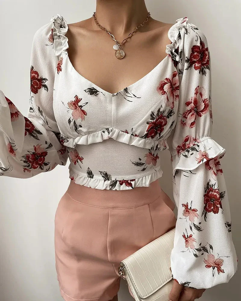 Deanwangkt - Floral Print Ruffle Hem Long Sleeve Crop Top - Deanwangkt