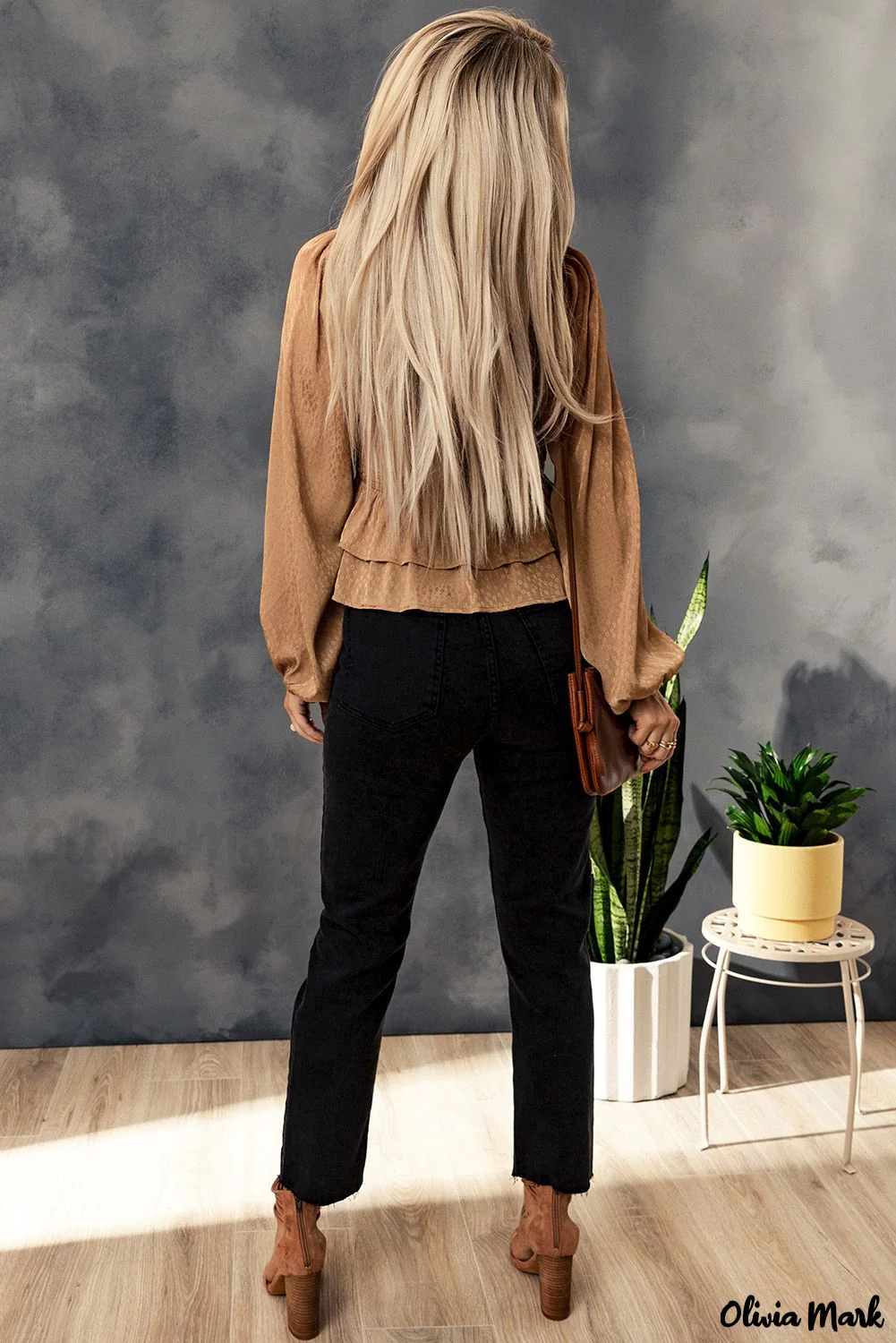 Deanwangkt - Brown Floral Ruched Ruffle Square Neck Blouse - Deanwangkt