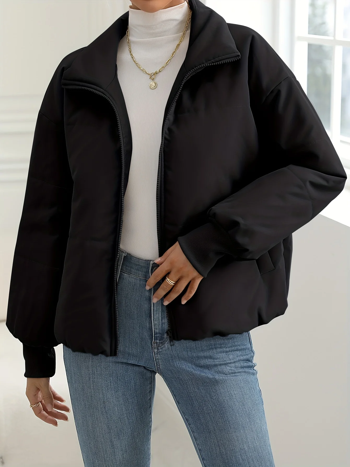 deanwangkt-1  Zip Up Solid Coat, Casual Long Sleeve Winter Warm Outerwear, Women's Clothing - Deanwangkt