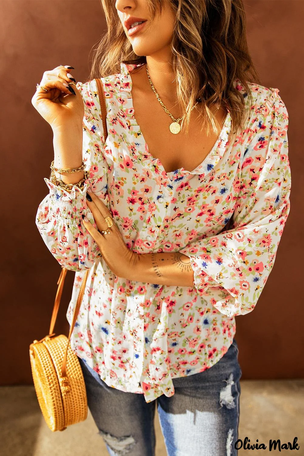 Deanwangkt - Floral Print V-Neck Long Sleeve Shirt - Deanwangkt