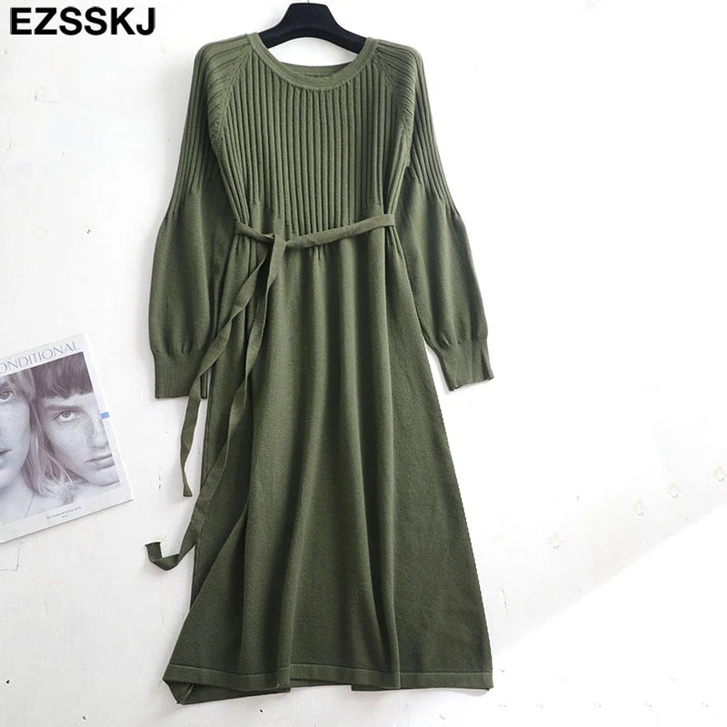 Christmas Gift Deanwangkt autumn winter o-neck midi sweater dress women A-Line midi sweater dress with belt elegant a-line solid loose dress - Deanwangkt