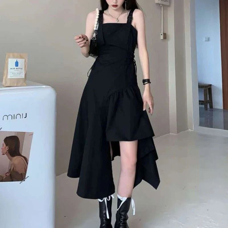 Christmas Gift  Fashion Korean Style Dress Deanwangkt Streetwear Women Summer Sundress Goth Gothic Punk Rock Harajuku Midi Dress Bandage Party - Deanwangkt