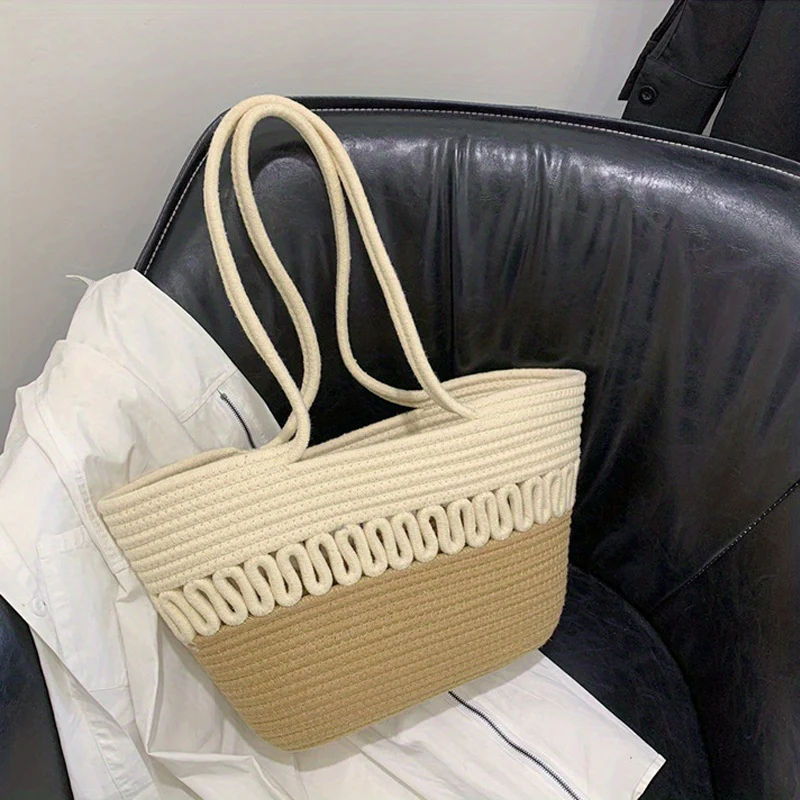 Crochet Large Capacity Durable Shoulder Bag, Vacation Boho Style Beach Handbag, Portable Double Handle Shopping Bag - Deanwangkt