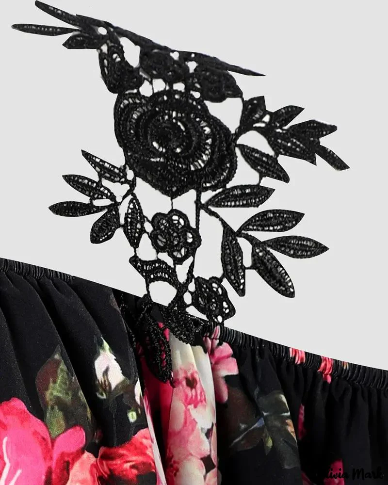 Deanwangkt - Floral Print Lace Patch Off Shoulder Top - Deanwangkt