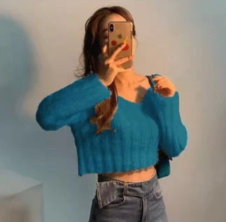 Back To School outfits Y2kpink Sweater Lazy Style Short Chic Gentle Wild Mink V-Neck Short Coat Long-Sleeved Soft Warm Sweater Outer Wear - Deanwangkt