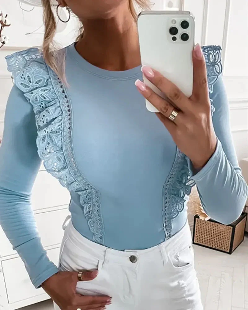 Deanwangkt - Eyelet Embroidered Long Sleeve Top with Ruffle Hem - Deanwangkt