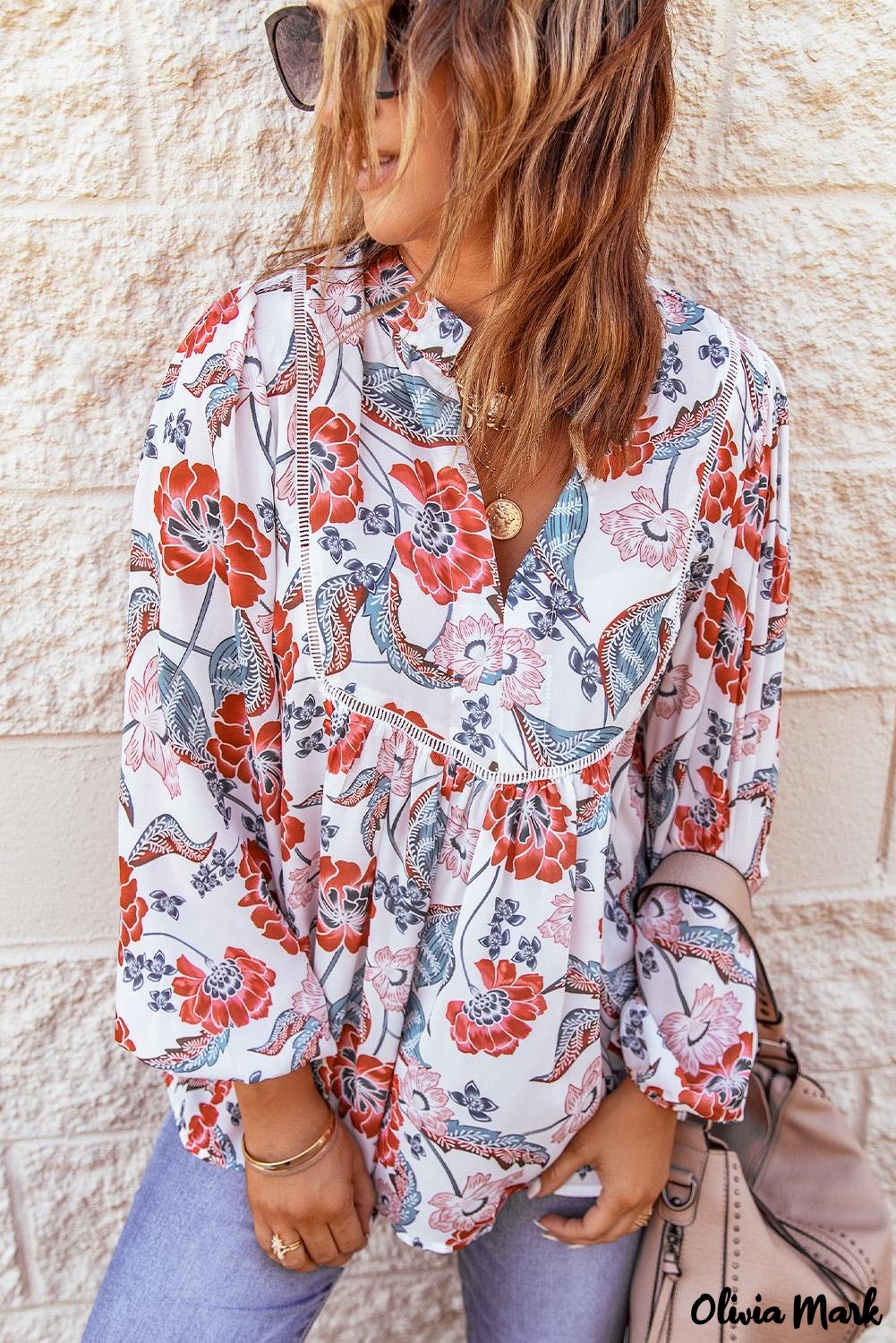 Deanwangkt - Red Floral Patchwork Split Neck Bubble Sleeve Blouse - Deanwangkt