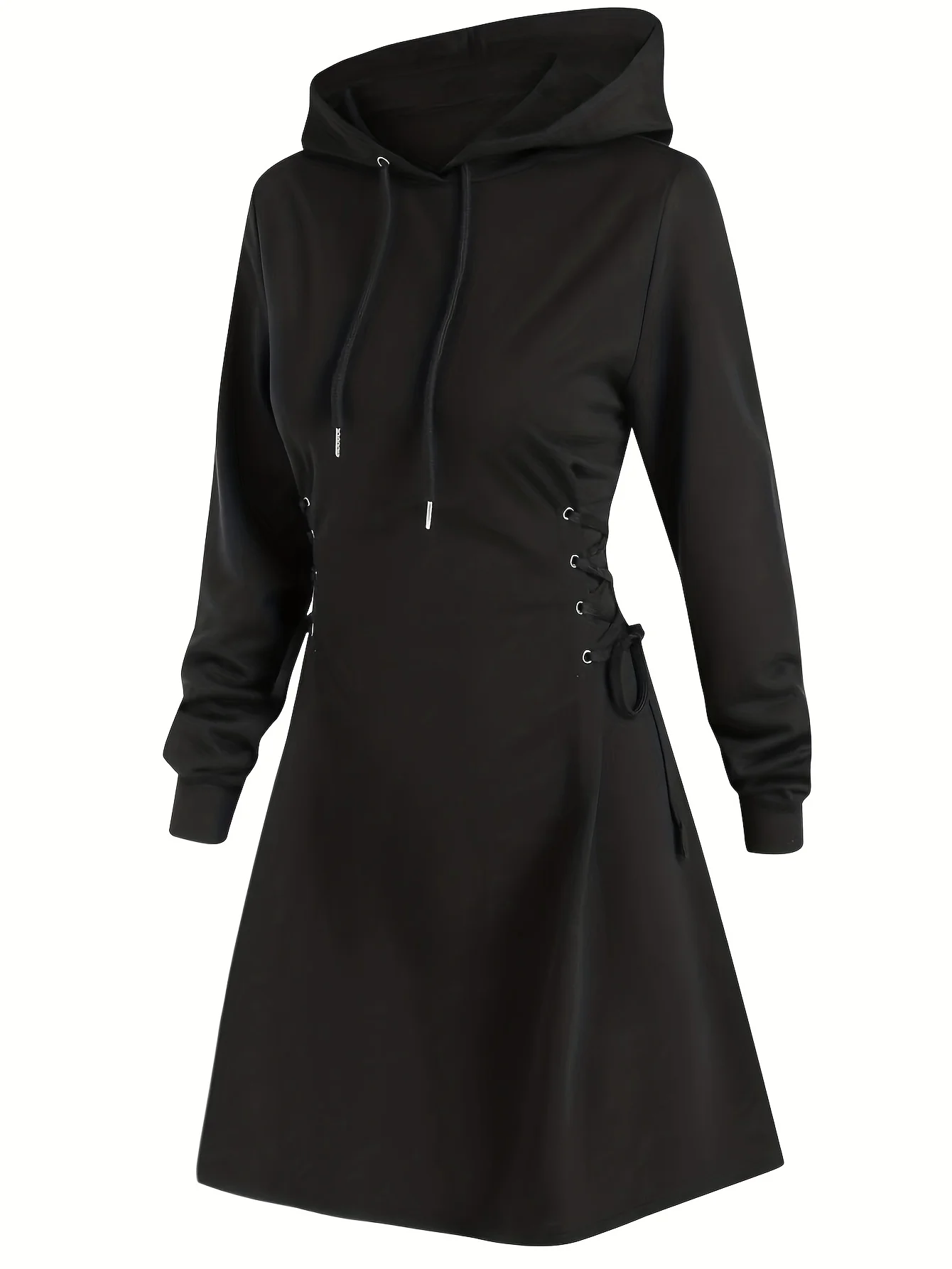 deanwangkt-1  Plus Size Gothic Dress, Women's Plus Solid Long Sleeve Lace Up Side Drawstring Hooded Sweatshirt Dress - Deanwangkt