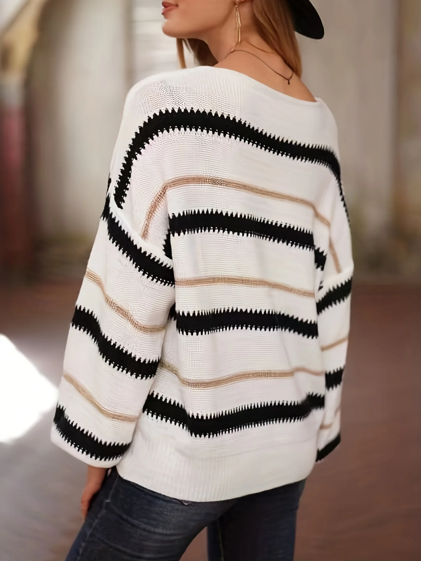 deanwangkt-1  Striped Pattern Crew Neck Knitted Top, Casual Long Sleeve Pullover Sweater For Fall & Winter, Women's Clothing - Deanwangkt