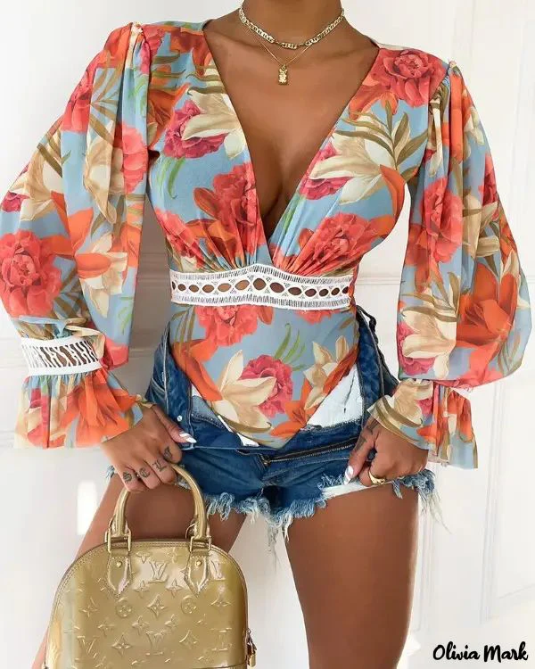 Deanwangkt - Floral Print Lantern Sleeve Lace Bodysuit - Deanwangkt