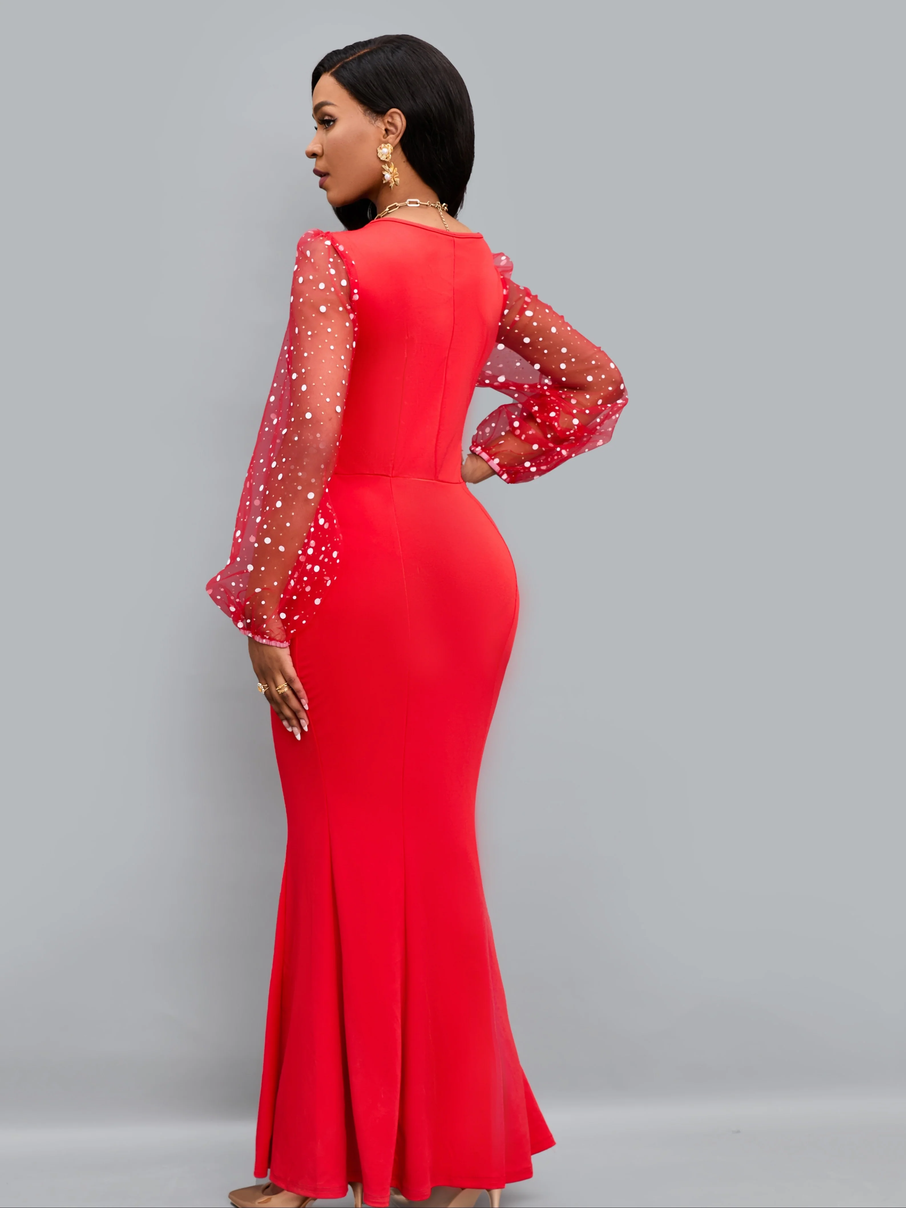 deanwangkt-1  Round Neck Mesh Stitching Dress, Elegant Slim Long Sleeve Waist Long Dresses, Women's Clothing - Deanwangkt