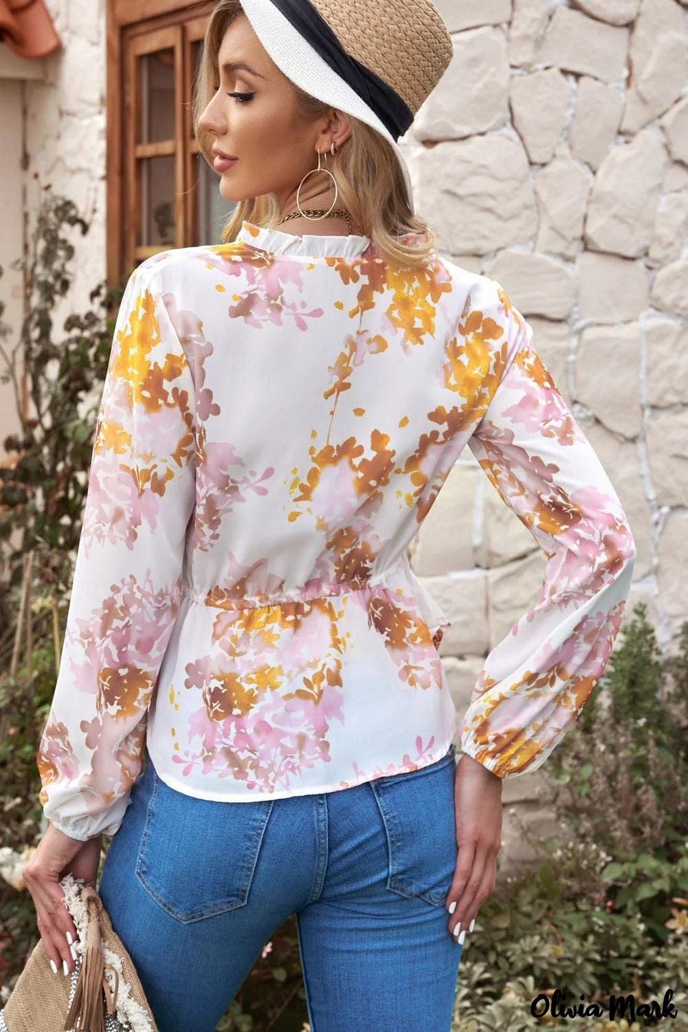 Deanwangkt - Floral V-Neck Ruffle Tie Waist Puff Sleeve Blouse - Deanwangkt