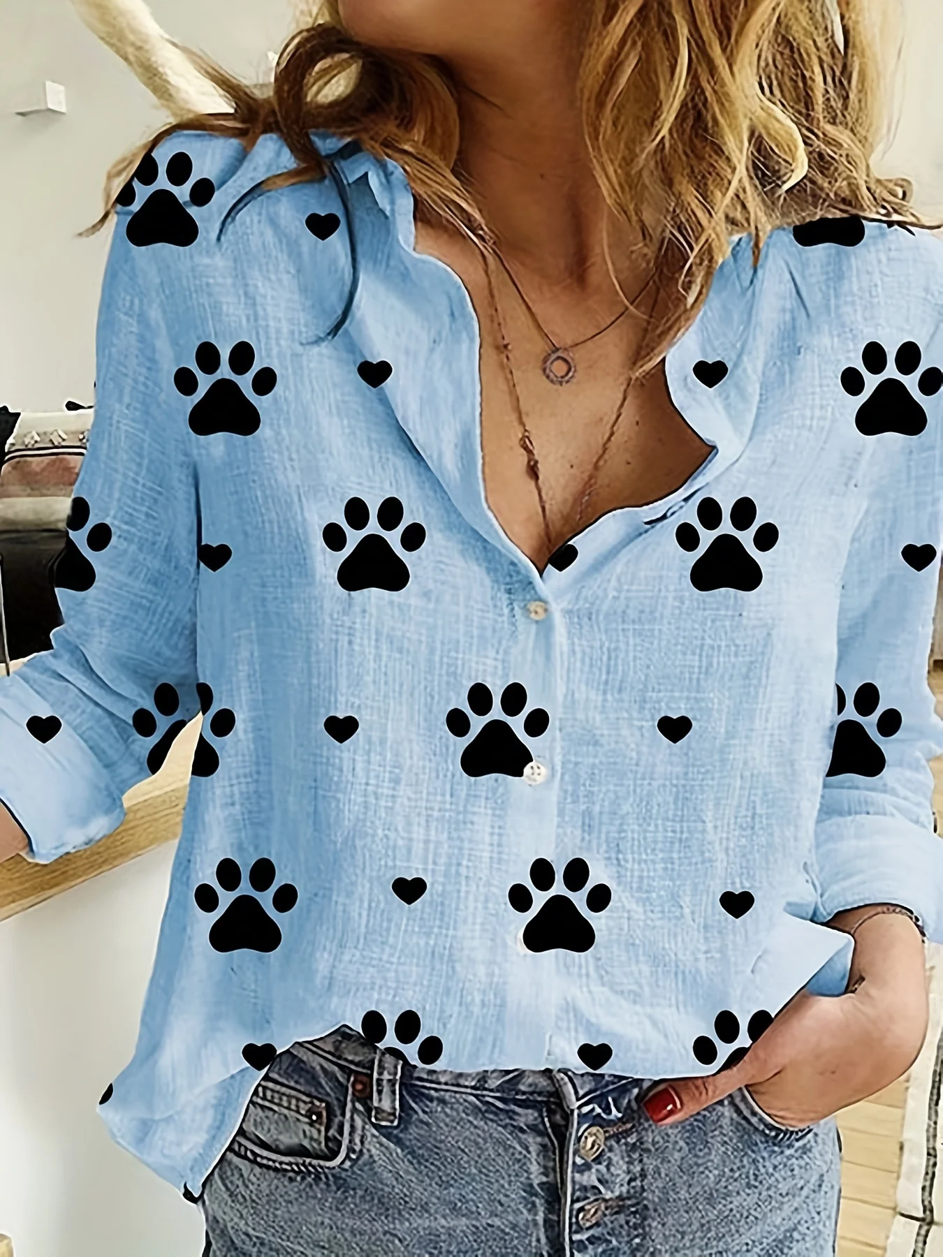 Paw Print Button Front Shirt, Casual Long Sleeve Shirt For Spring & Fall, Women's Clothing - Deanwangkt
