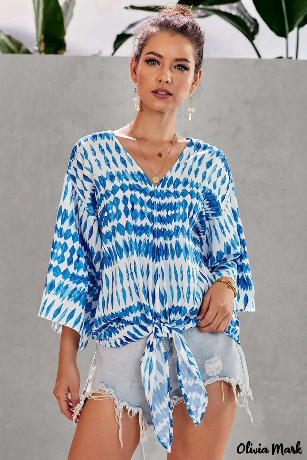 Deanwangkt - Multicolor Floral Print Deep V-Neck Tie Front Blouse - Deanwangkt