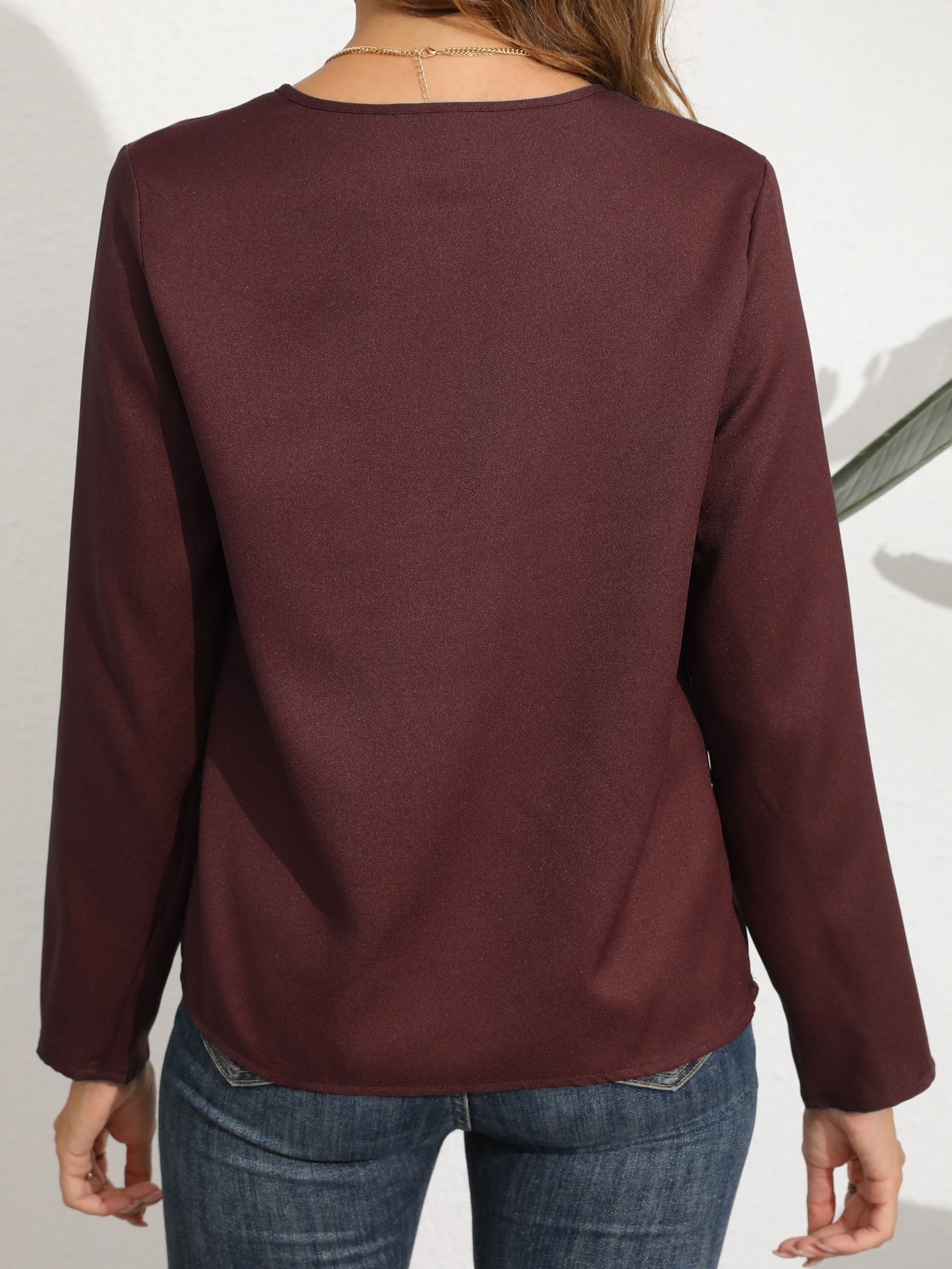 Elegant Solid Crew Neck Shirts, Long Sleeve Casual Every Day Blouses Top For Spring & Fall, Women's Clothing - Deanwangkt