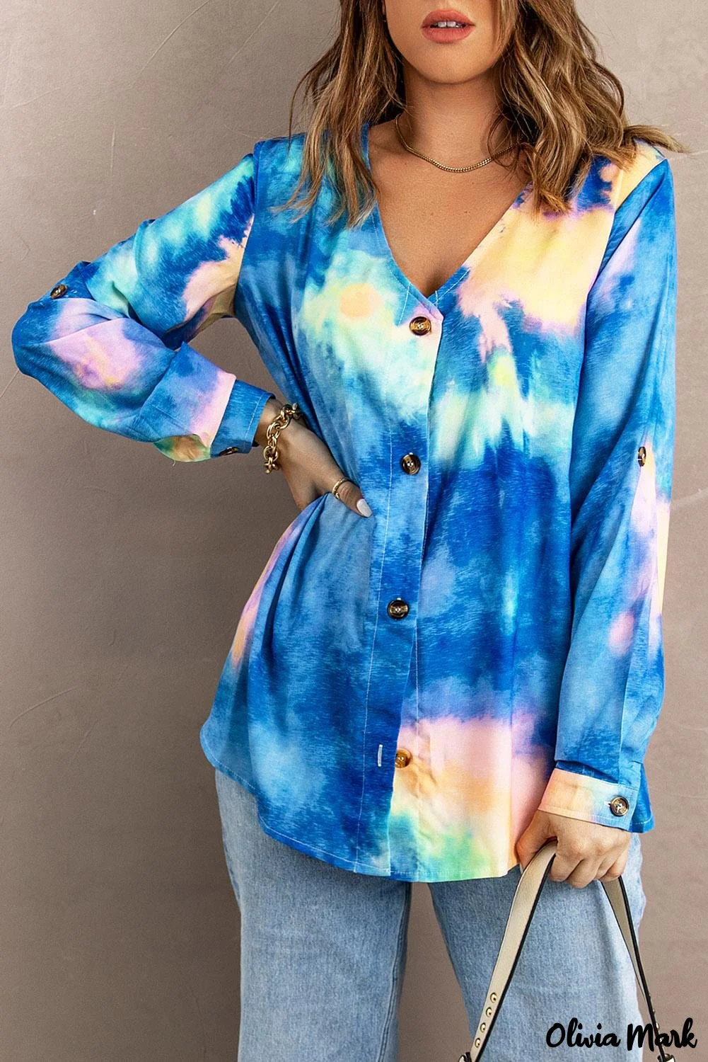 Deanwangkt - Blue Tie-Dye Long Sleeve V-Neck Blouse With Button Closure - Deanwangkt