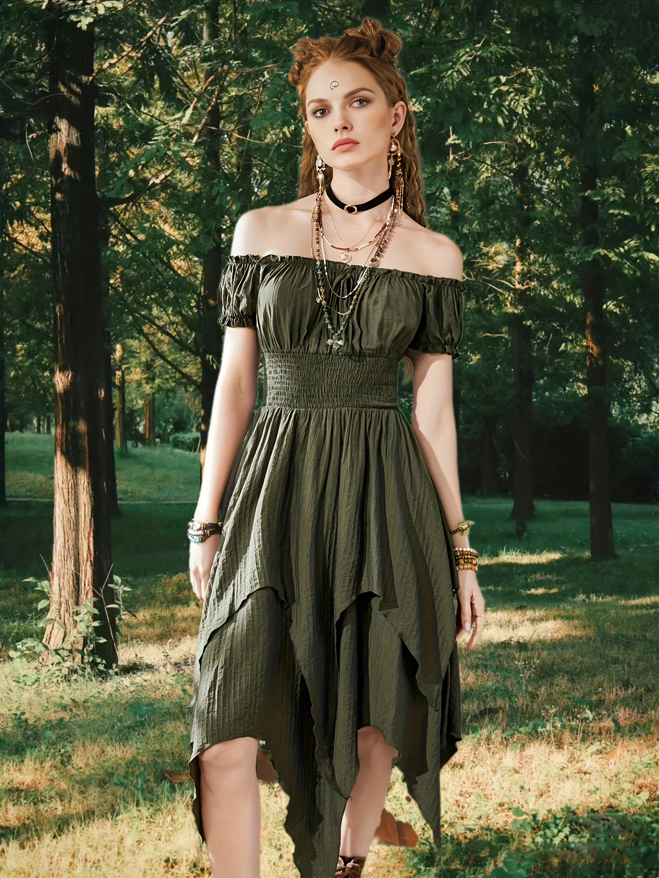 deanwangkt-1  Off Shoulder Ruffle Layered Hem Dress, Grunge Shirred Waist Dress For Spring & Summer, Women's Clothing - Deanwangkt