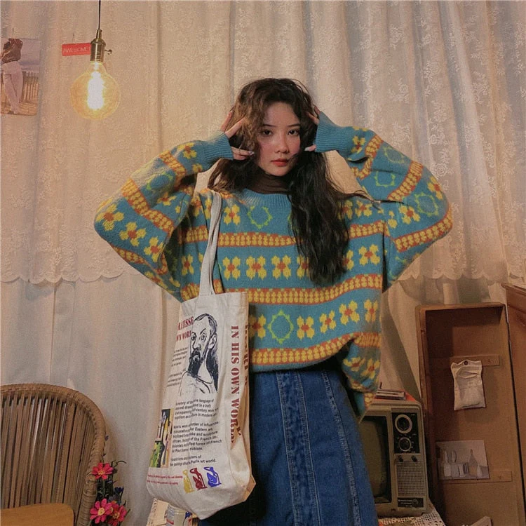 Black Friday Sales Retro Striped Women Sweater Pullover Tops Autumn Winter Thick Loose Long-Sleeved Round Neck Harajuku Street Style Sweater Women - Deanwangkt