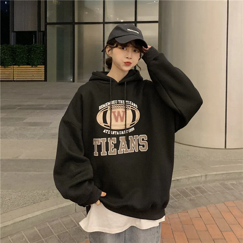 Black Friday Sales Women's Hooded Sweater Retro Trend Loose Lazy Letter Print Y2K Autumn And Winter All-Match Top Plus Fleece Pullover - Deanwangkt