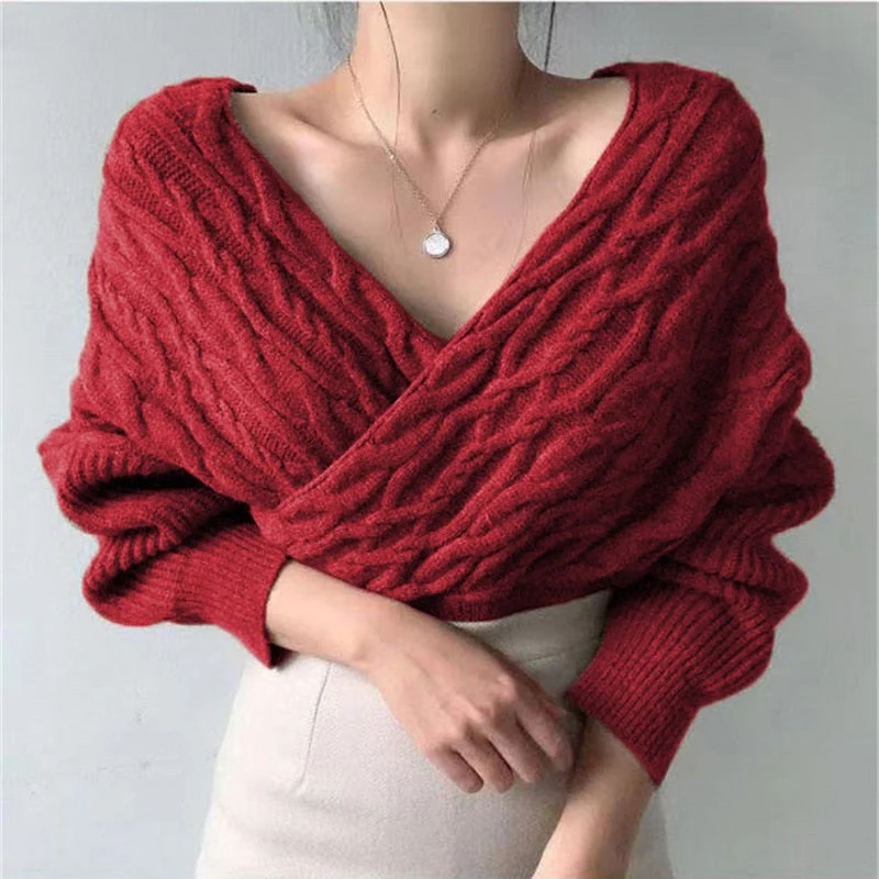 Christmas Gift  New Deanwangkt Winter Spring Women Sweaters Knitted V-Neck Cross Wild Korean Sexy Elegant Pullovers Ladies Jumpers SW1235JX - Deanwangkt
