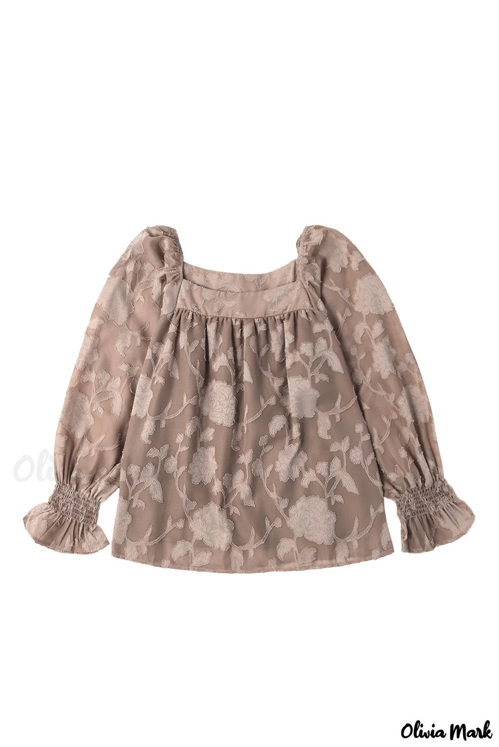 Deanwangkt - Khaki Floral Textured Square Neck Blouse - Deanwangkt
