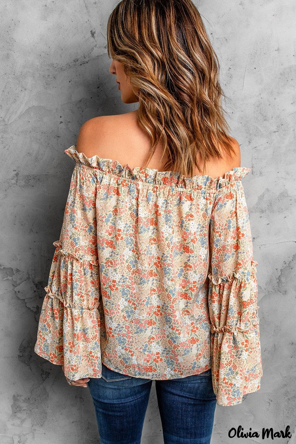 Deanwangkt - Off The Shoulder Floral Print Ruffled Bell Sleeve Blouse - Deanwangkt